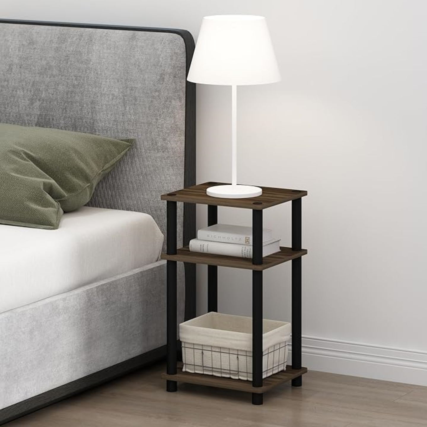 Modern Open Shelf Side Table with 3 Adjustable tiers, Lightweight Plastic Poles, Americano/Black Finish