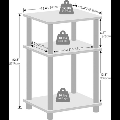 Modern Open Shelf Side Table with 3 Adjustable tiers, Lightweight Plastic Poles, Americano/Black Finish