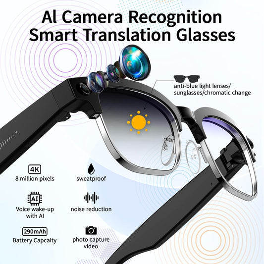 Smart AI Camera Glasses with 8MP Photochromic Lenses ,Button Touch Adjustment for Travel Outdoor Adventures Hands-Free Photography 160+Languages Real-Time Translation Bluetooth Wireless Wearable Video Recording UV Protection